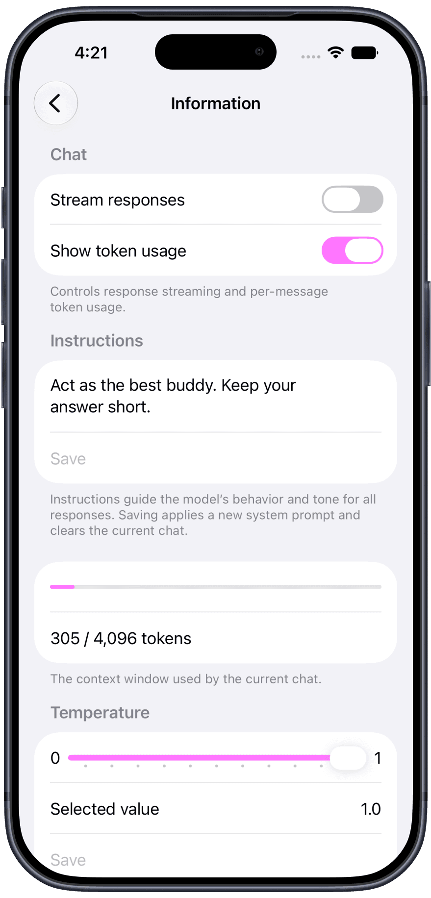 Localight settings for streaming, token usage, instructions, context, and temperature